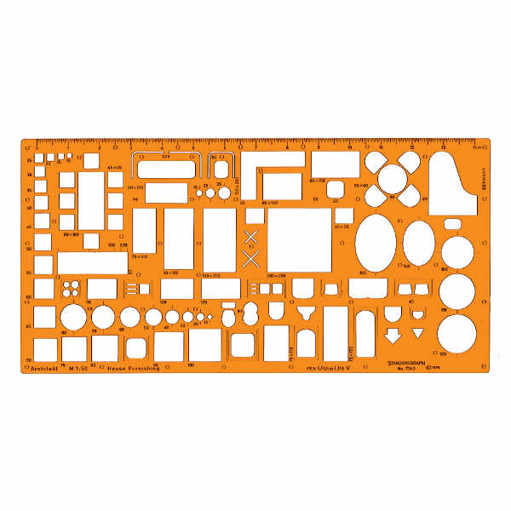 Transparente Möbel-Schablone 1:50 aus orangefarbenem Kunststoff