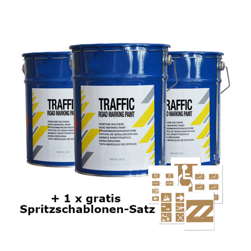 3+1 Set Straßenmarkierfarbe 'Traffic Paint' - grün (RAL 6024) mit 6 Spritzschablonen (Buchstaben)
